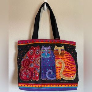 Laurel Burch Bright Colorful Canvas Cat Tote Bag